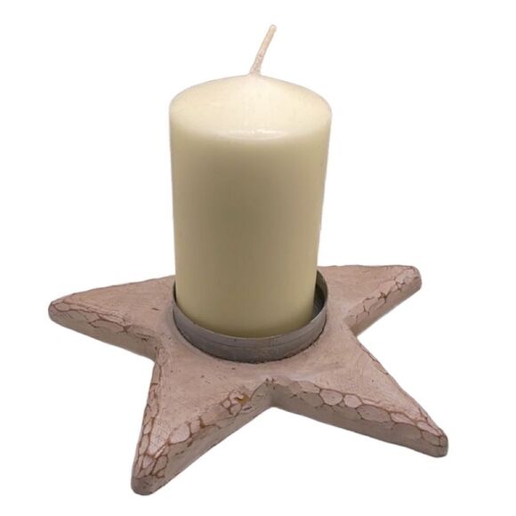 Star Shaped Distressed Wood-Like Candle Holder & Large Candle - Picture 2 of 16